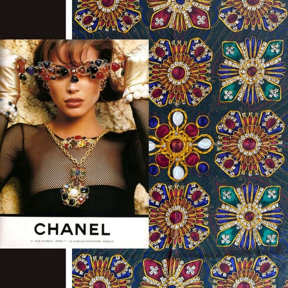 Exquisite Authentic Chanel 100% Silk Scarf Karl Lagerfeld Gripoix Jewels LikeNew - Picture 2 of 6